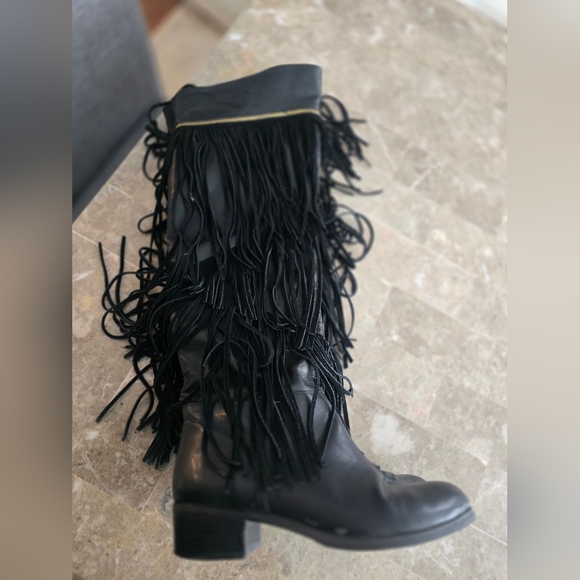 VINTAGE Fringe Black Leather Women's Boots Sz 8 - Picture 5 of 5